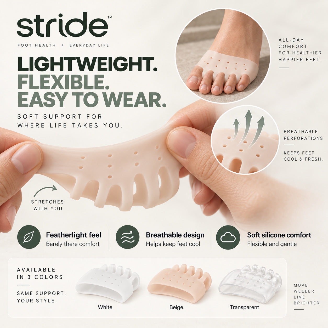 Stride Align flexible silicone sleeve and its White, Beige and Clear color options.