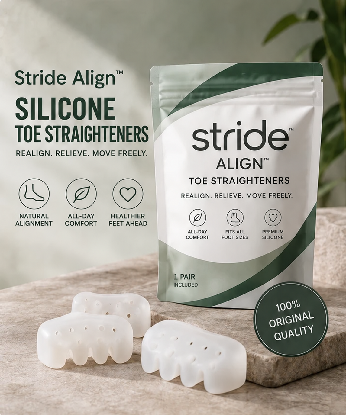 Stride Align custom green-and-bone packaging with white silicone toe separators, a packaging visualization