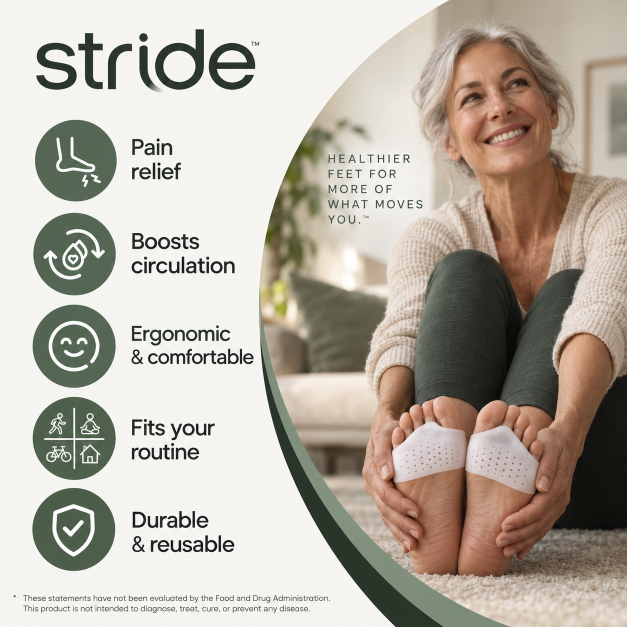 Stride benefit graphic showing key product benefits and lifestyle use
