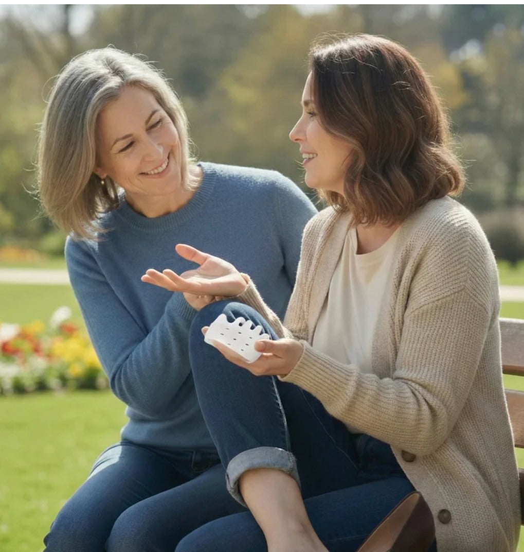 Two adults discussing the product outdoors